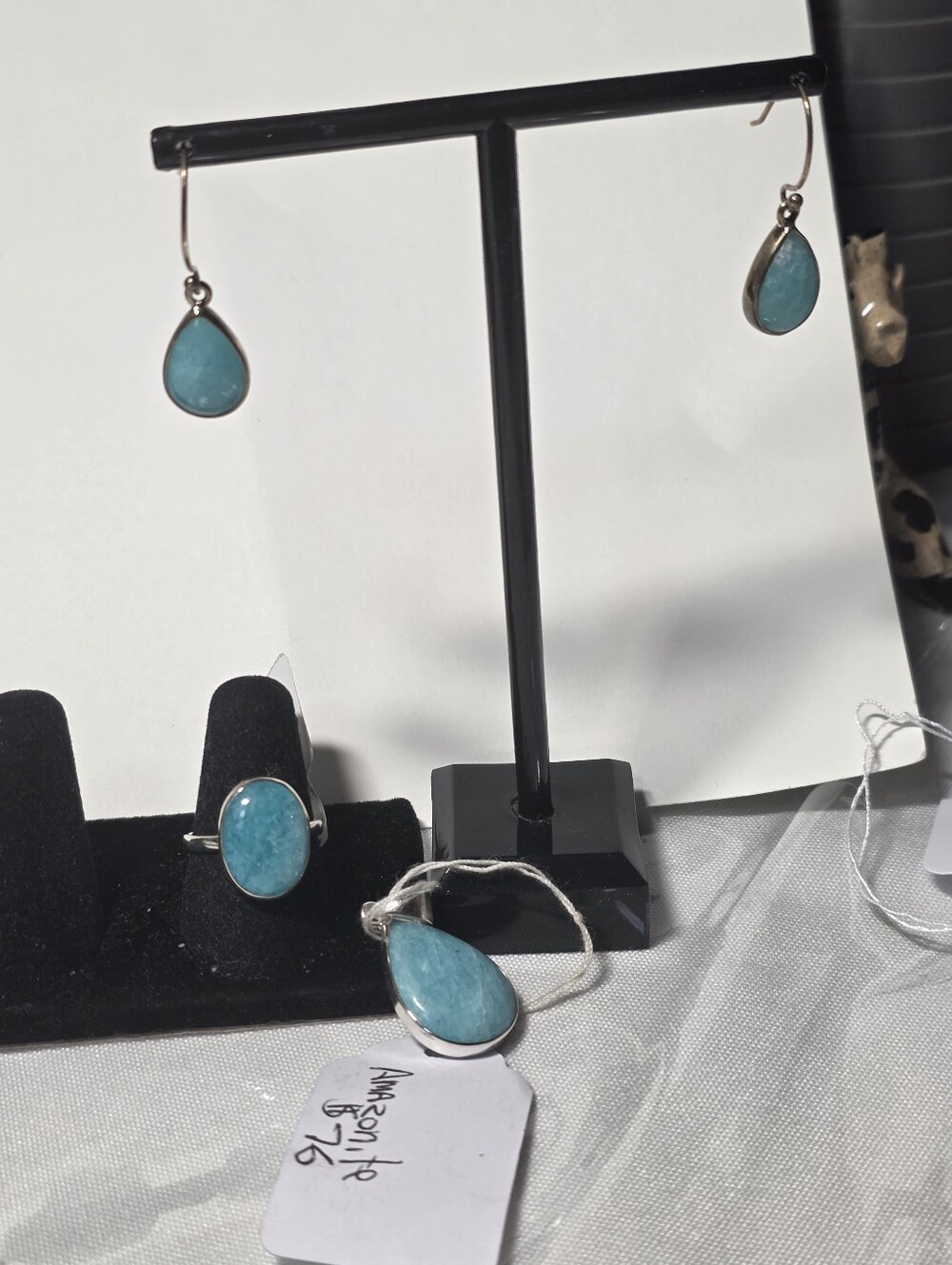 Amozonite Teardrop Dangle Earrings and Ring Set ; Pendant - Blue